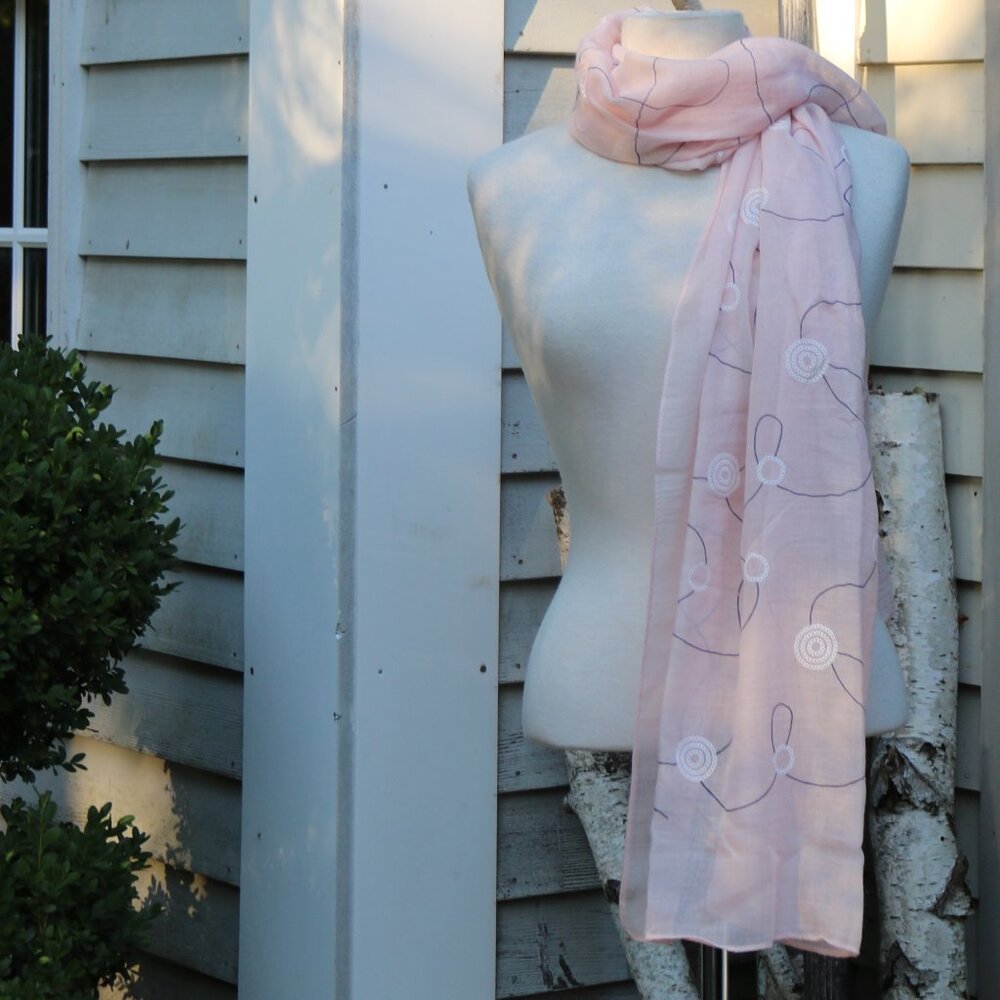 New Pale Pink w White Embroidered Circles Lightweight Sheer Scarf
